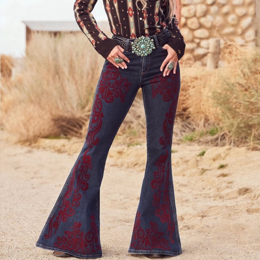 Wrangler X Women’s Lainey Wilson Maroon Dark Wash Vintage Flocked Bell Bottoms
